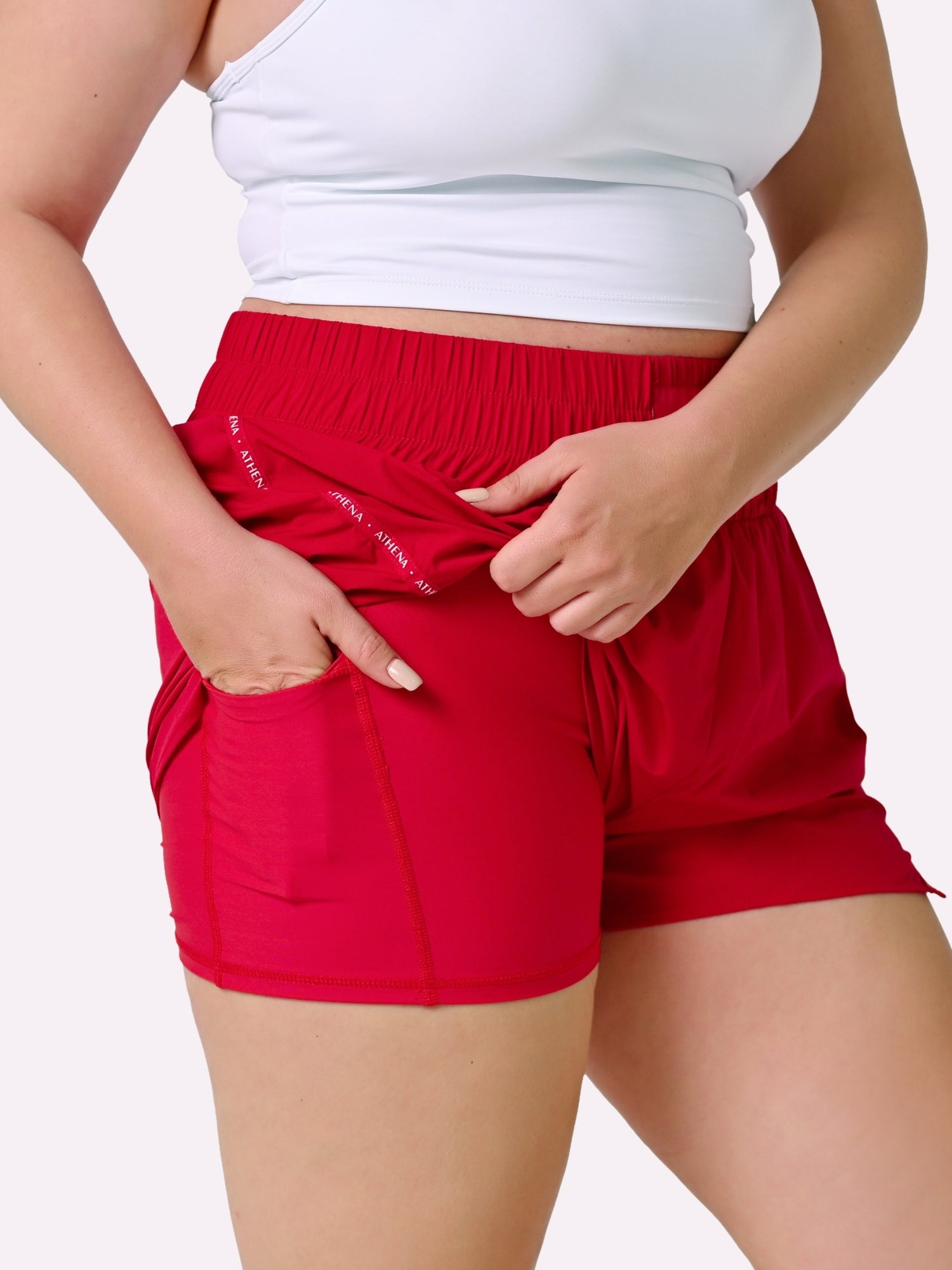 Athena Fightwear Theia Boxing Shorts Red fight corner colour for women high waisted and super lightweight with anti-camel toe inner shorts with pockets