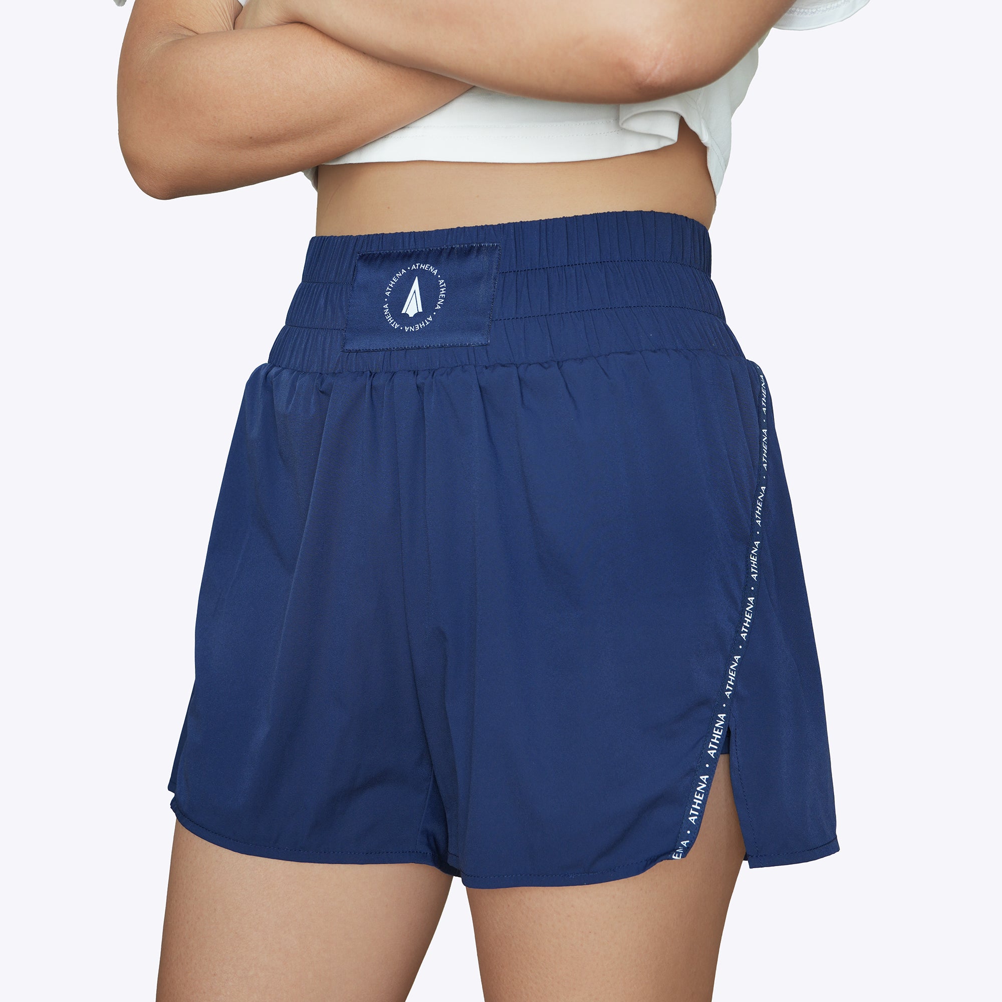 Athena Fightwear Theia Navy Women's Boxing Shorts with built in safety inner shorts and pockets