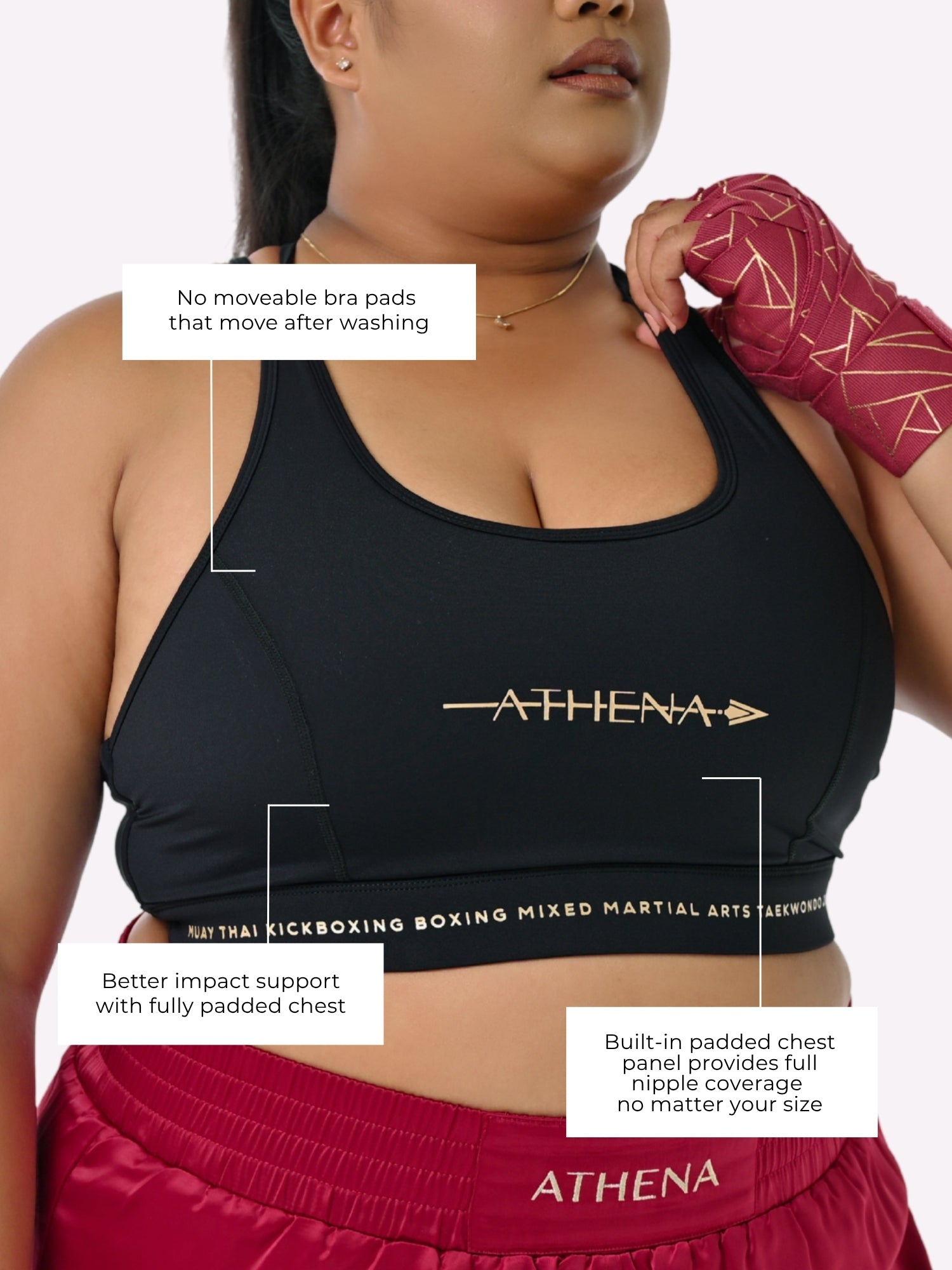 Athena Fightwear Thessalia Sports Bra black gold with built-in chest bra padding