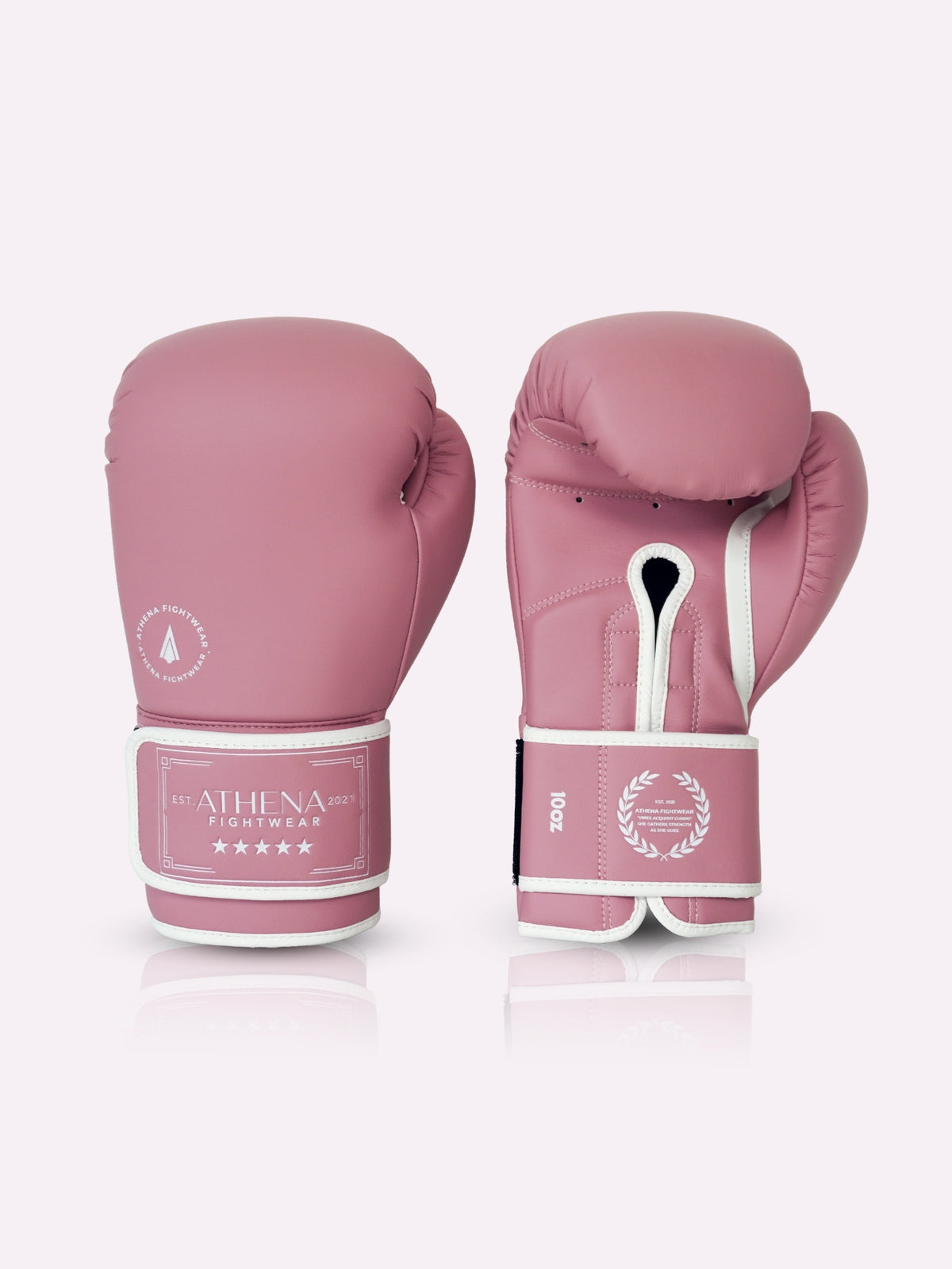 Athena women's 10oz boxing gloves in orchid pink and white, front and palm view