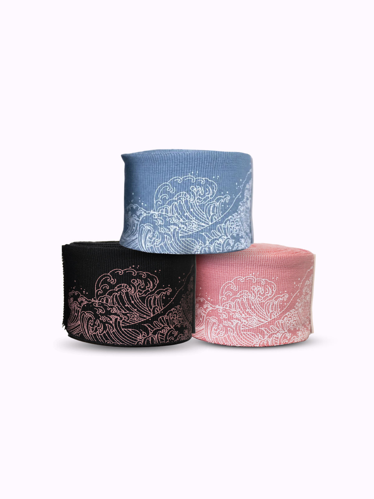 Athena Fightwear Ryoko handwrap 3-pack bundle: ash blue, black and pink rolled boxing handwraps with Japanese wave print