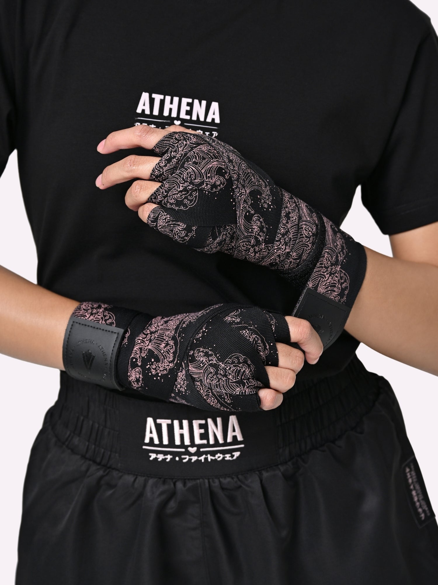 Athena Fightwear women's boxing muay thai handwraps black with pink japanese ocean wave Ryoko 