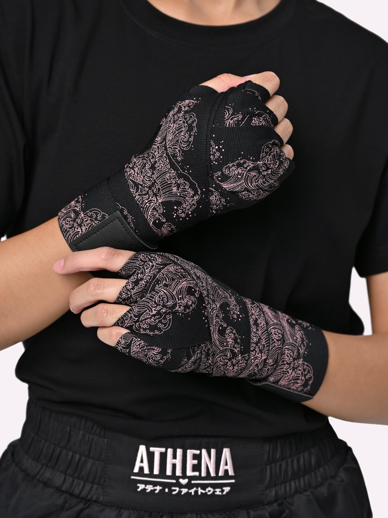 Athena Fightwear women's boxing muay thai handwraps black with pink japanese ocean wave Ryoko 