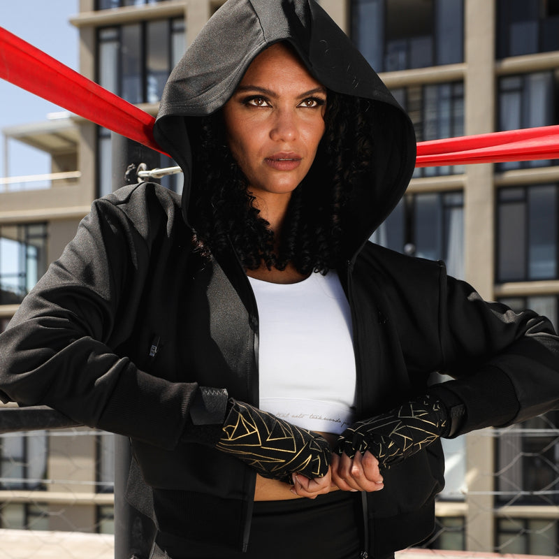 Athena Fightwear cropped hooded jacket for women's boxing muay thai kickboxing BJJ MMA taekwondo jiujitsu judo krav maga martial arts