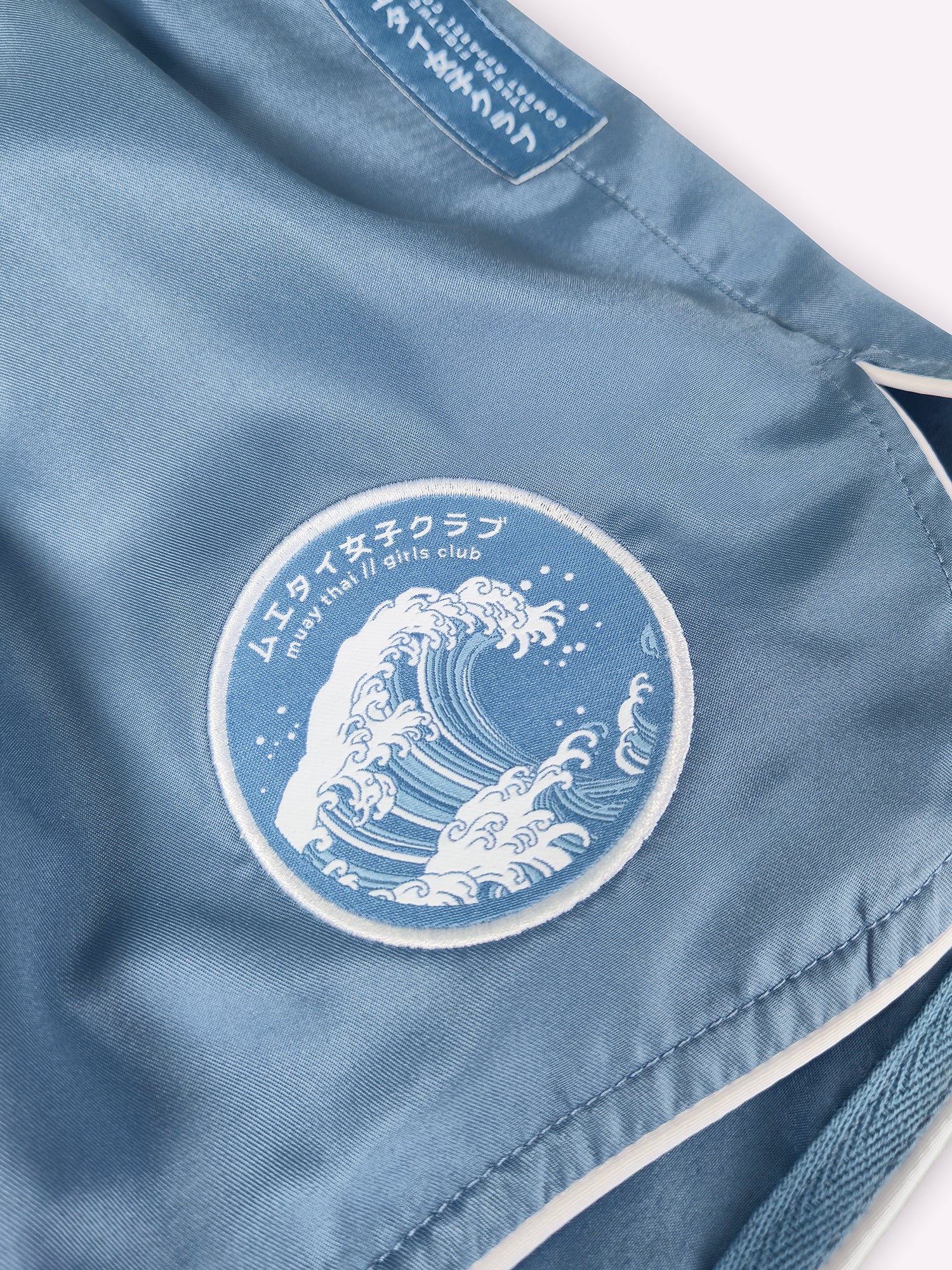 Athena Fightwear Ryoko Women's Muay Thai Shorts japanese inspired ash blue and white with built-in anti camel toe shorts with pockets