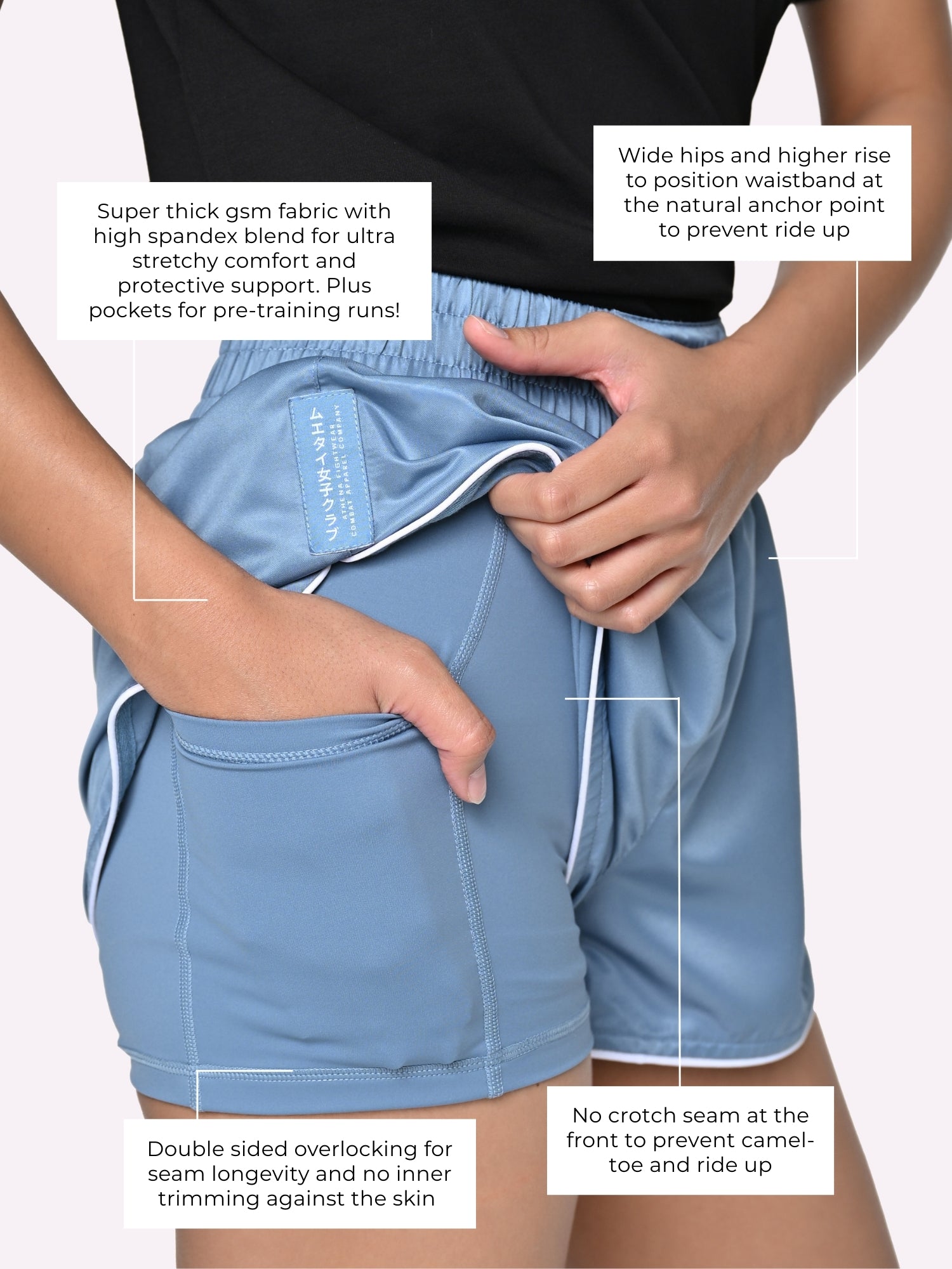 Athena Fightwear Ryoko Women's Muay Thai Shorts japanese inspired ash blue and white with built-in anti camel toe shorts with pockets