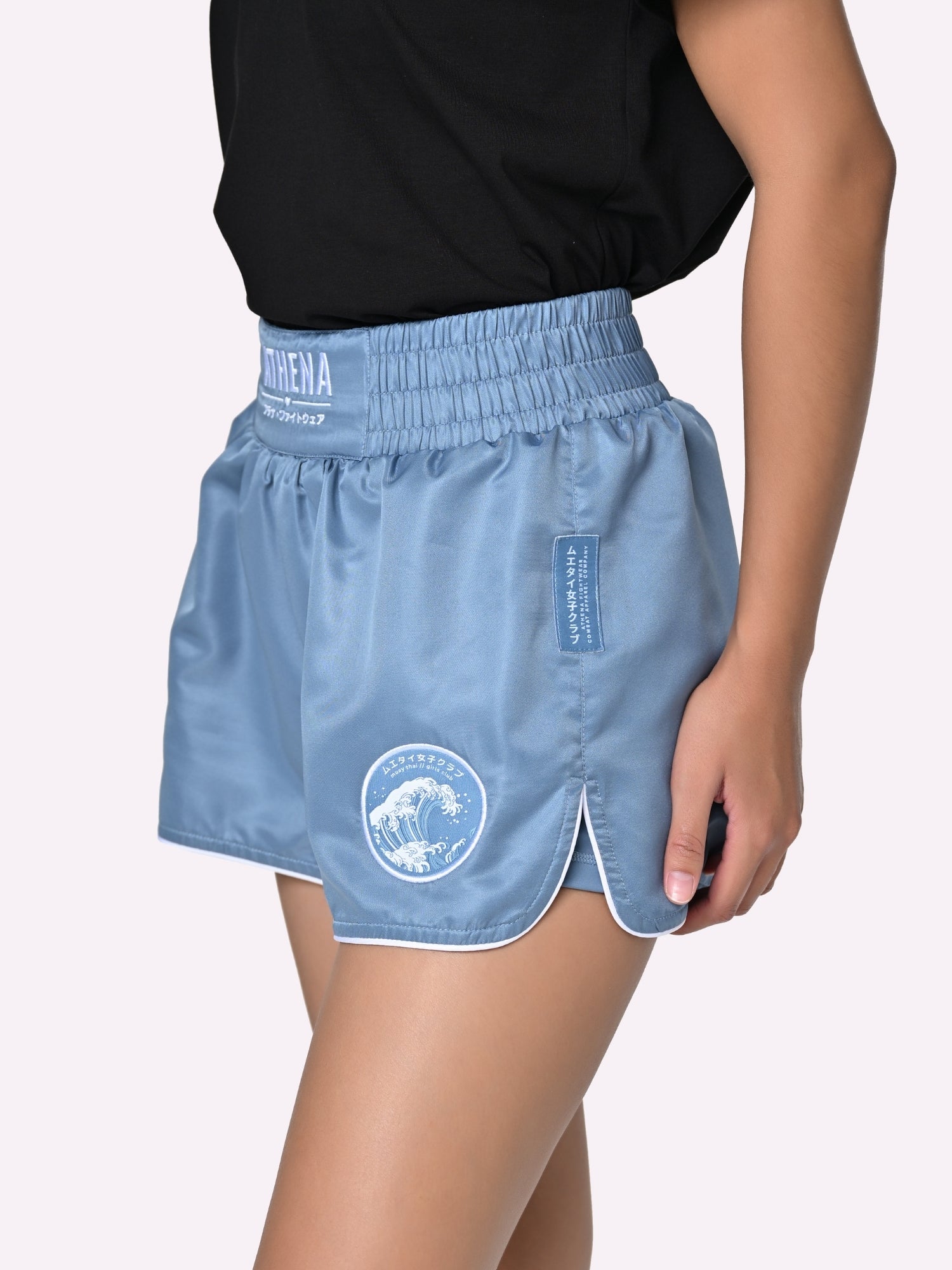 Athena Fightwear Ryoko Women's Muay Thai Shorts japanese inspired ash blue and white with built-in anti camel toe shorts with pockets