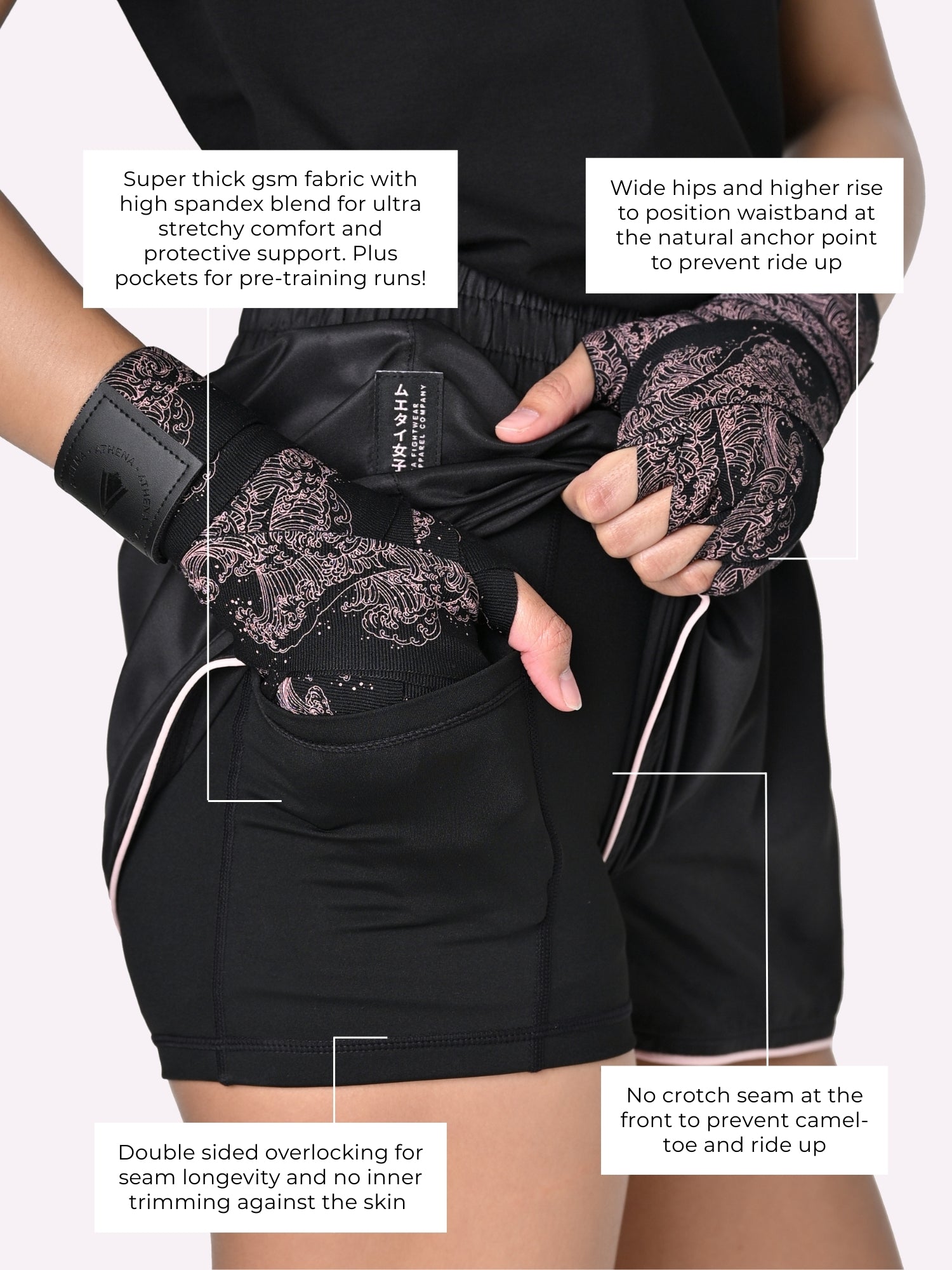 Athena Fightwear Ryoko Women's Muay Thai Shorts inspired by Japanese ocean wave Hokusai art black pink kawaii killer with built-in anti-camel toe safety shorts with pockets