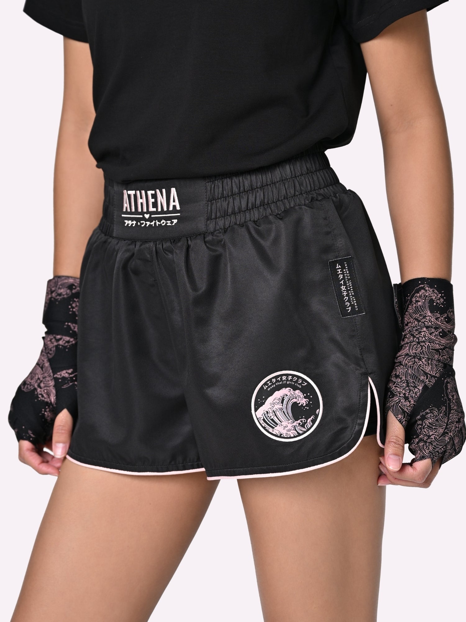Athena Fightwear Ryoko Women's Muay Thai Shorts inspired by Japanese ocean wave Hokusai art black pink kawaii killer with built-in anti-camel toe safety shorts with pockets
