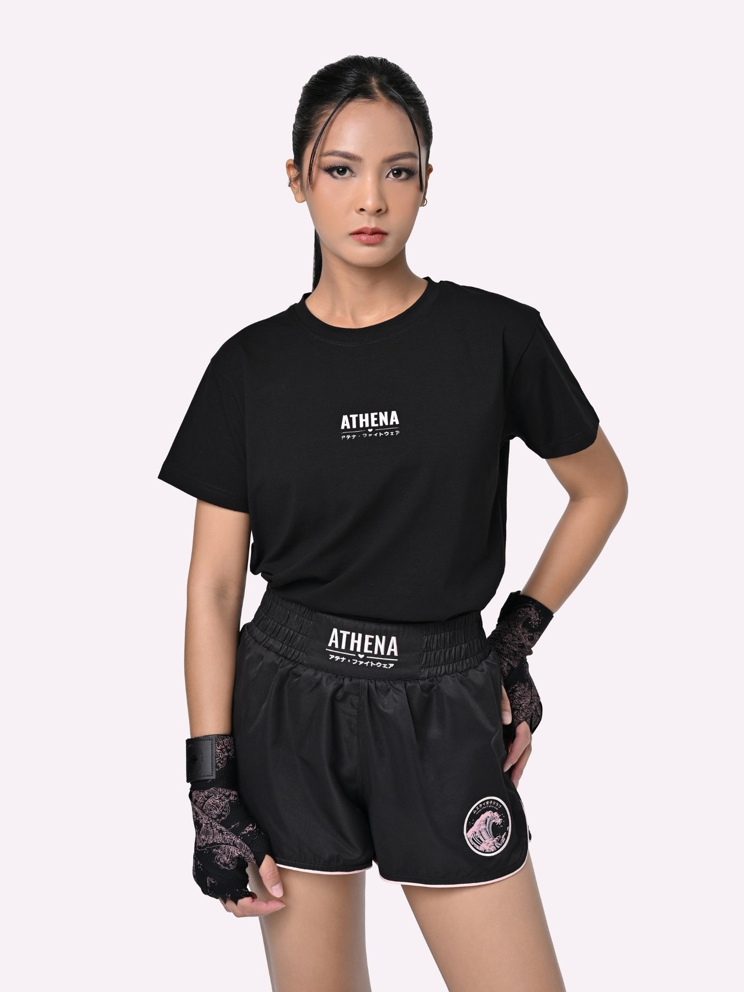Athena Fightwear Ryoko Women's Muay Thai Shorts inspired by Japanese ocean wave Hokusai art black pink kawaii killer with built-in anti-camel toe safety shorts with pockets