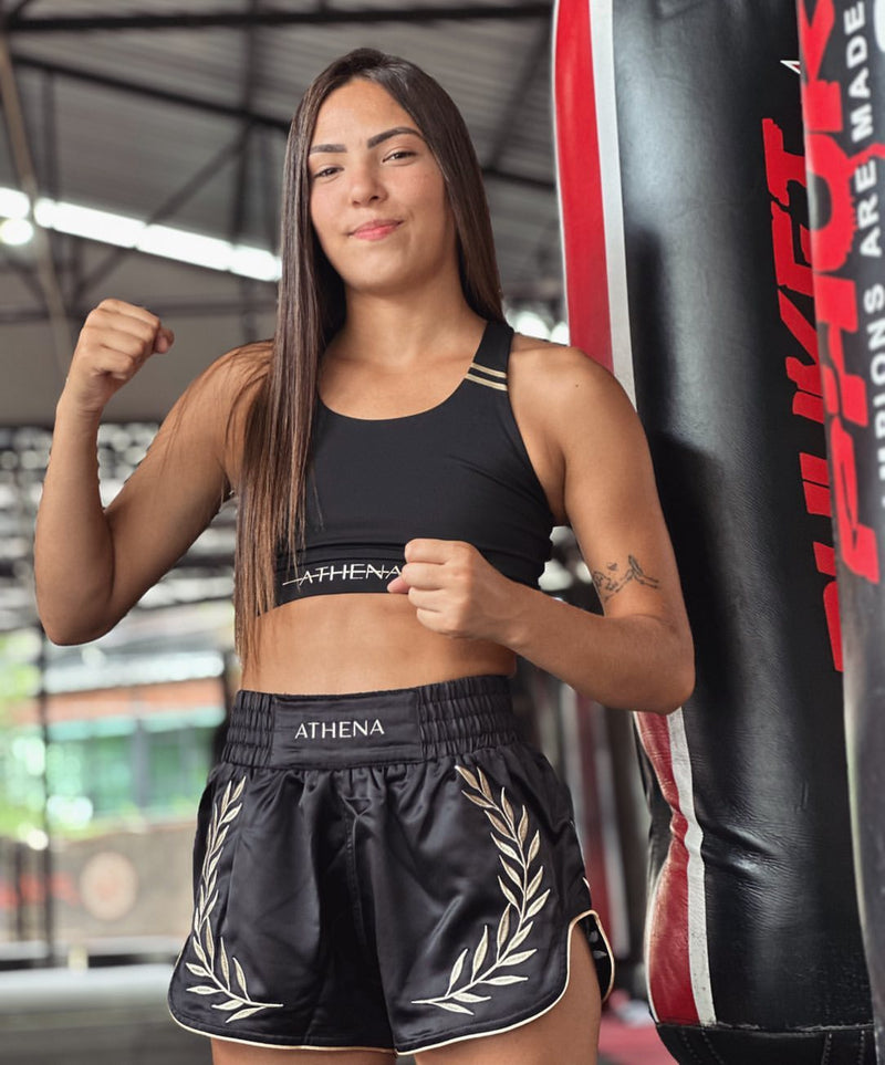 Athena Fightwear first ever women's muay thai shorts for thai boxing kickboxing with higher waist to hip ratio and safety shorts lediane