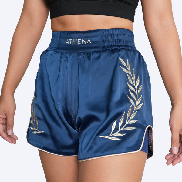 Athena Fightwear navy blue women's muay thai shorts with extra wide hips and anti camel toe shorts with pockets