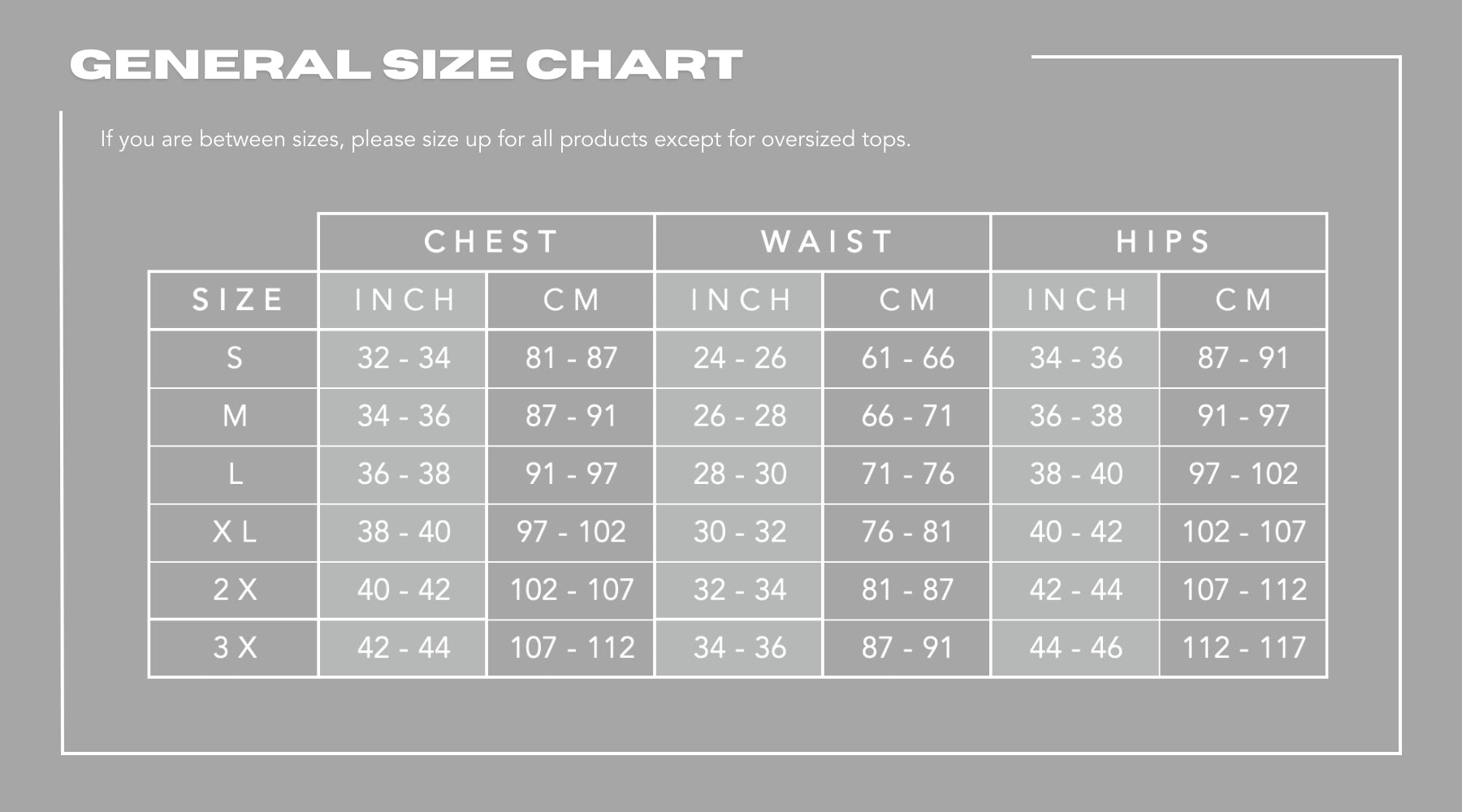 Athena Fightwear general size chart