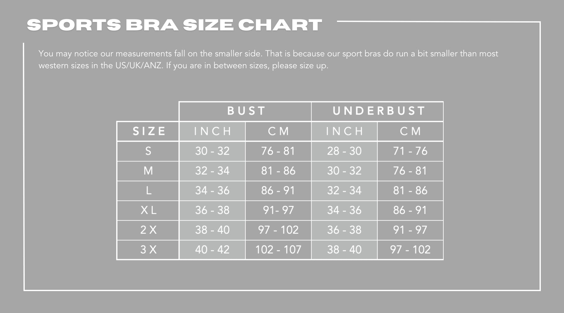 Athena Fightwear women's sports bras size chart