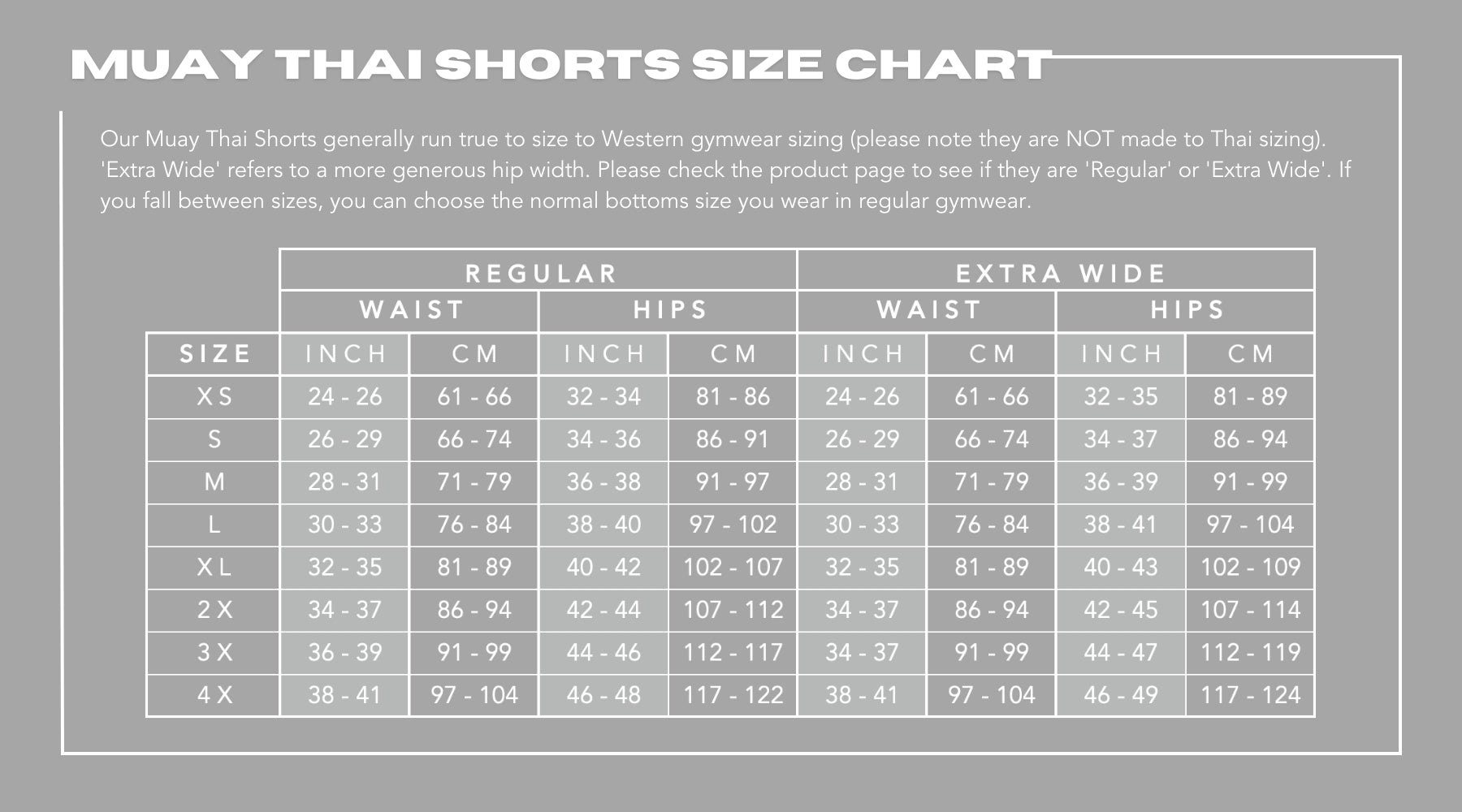 Athena Fightwear women's muay thai shorts size chart