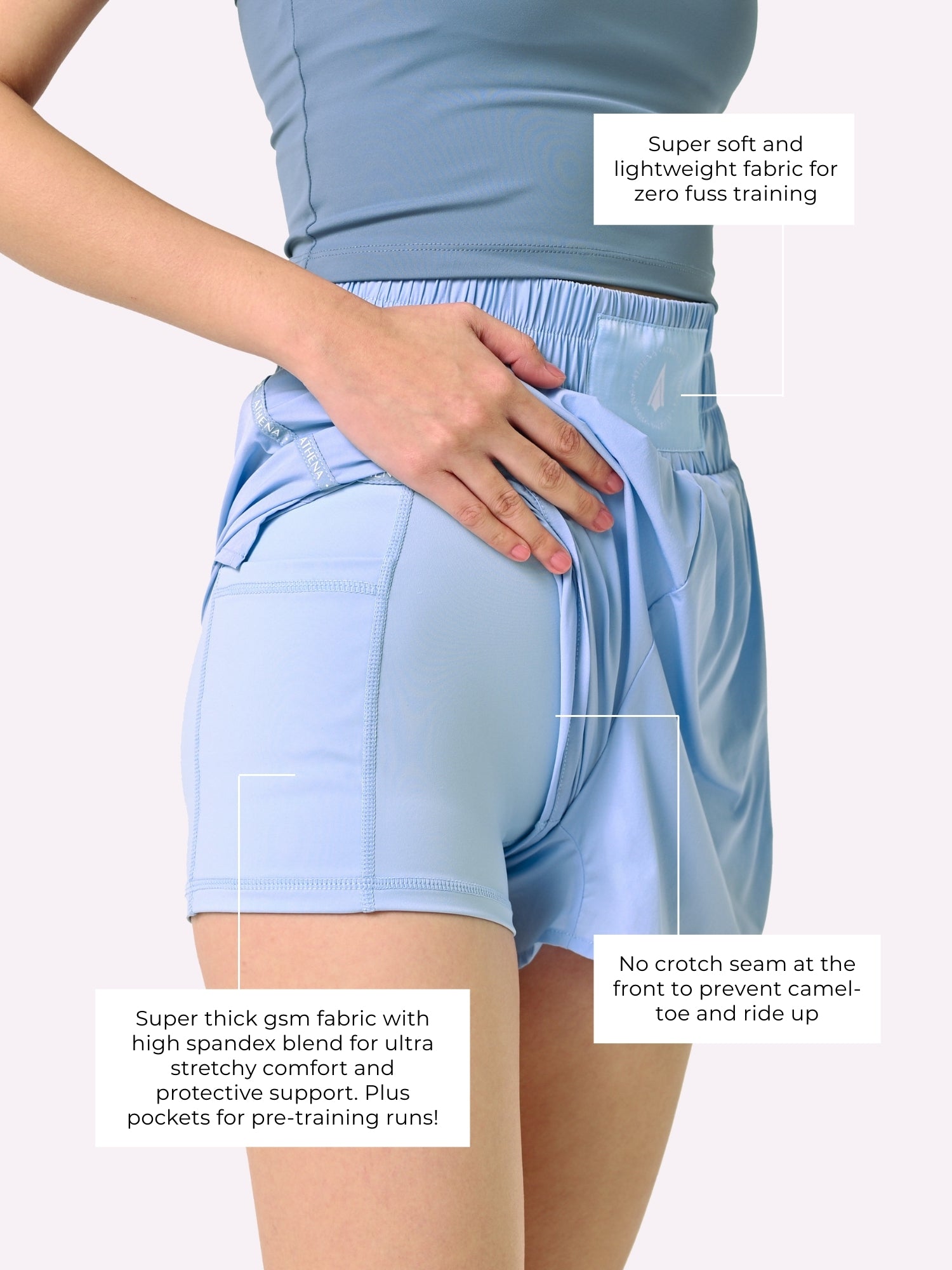 Athena Fightwear Theia Boxing Shorts in Light Blue highwaisted for women with anti-camel toe inner shorts with pockets