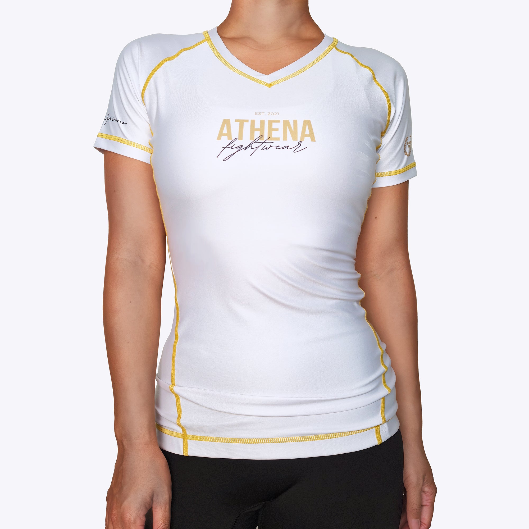 Athena Fightwear women's nogi BJJ MMA grappling short sleeve rashguard with mesh armpits and second skin fit tapered waist