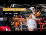 Athena Fightwear women's extra wide hip Muay Thai shorts with built in safety shorts white and gold muay thai girl