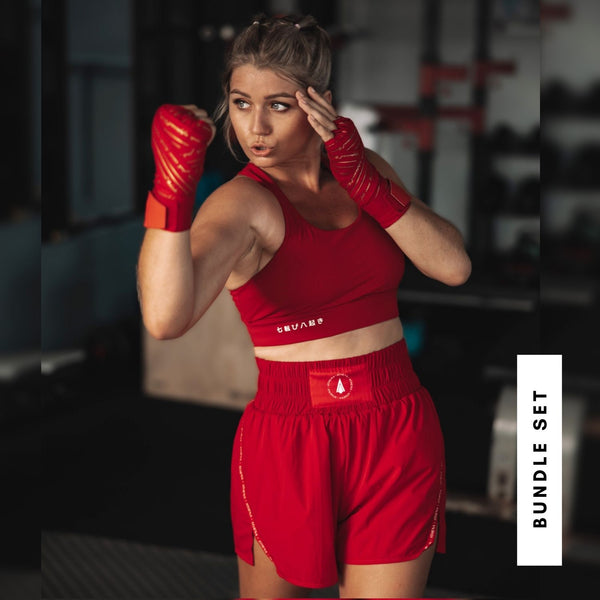 Athena Fightwear women's red boxing outfit sports bra shorts for martial arts muay thai boxing kickboxing japanese proverb fall seven times get up eight
