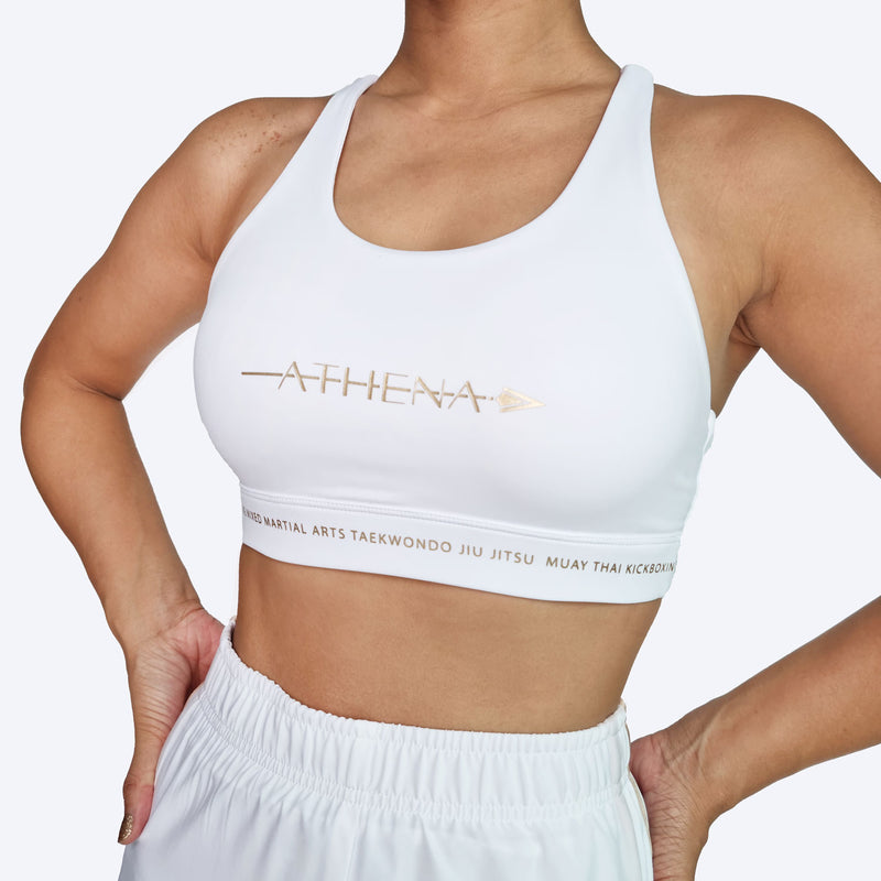 Athena Fightwear Women’s Martial Arts Apparel Gymwear for Boxing Muay Thai Kickboxing BJJ MMA Thessalia Sports Bra White
