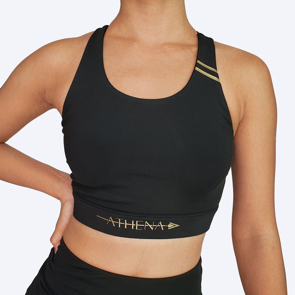 Athena Fightwear women's sports bra for martial arts black and gold kickboxing boxing muay thai